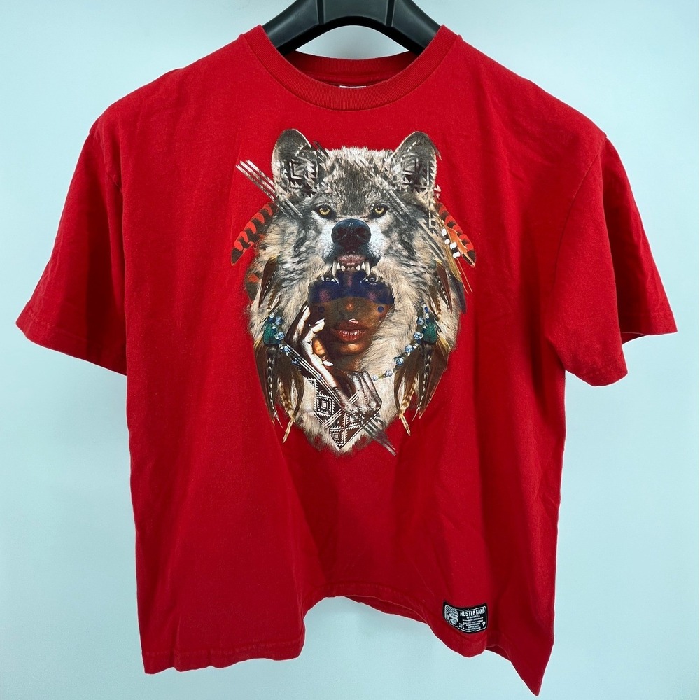 Hustle Gang Graphic Tee Mens XL Red Good Wolf Headdress Streetwear Shirt - Picture 2 of 6